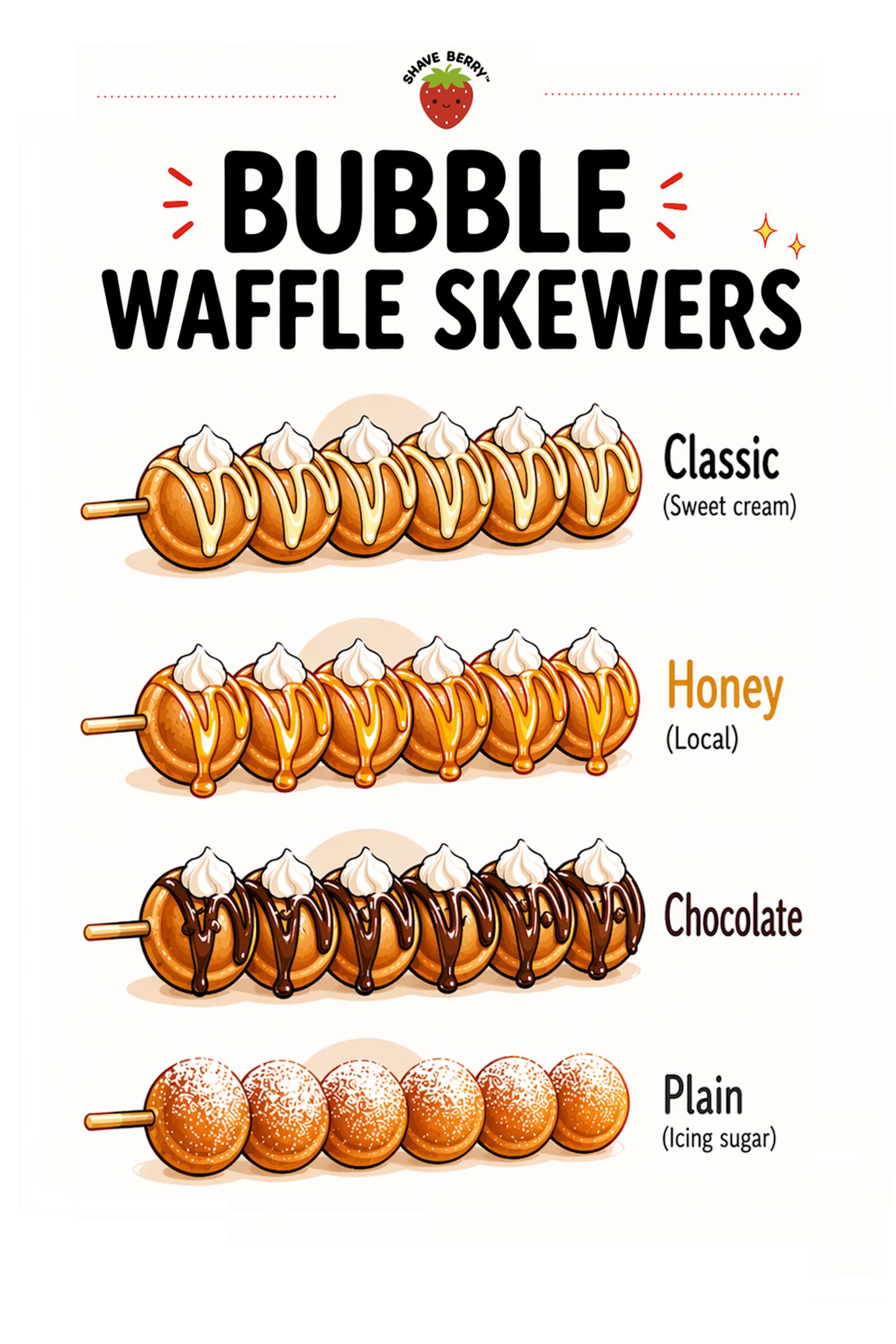 Bubble waffle skewers menu with classic, honey, chocolate, and plain options