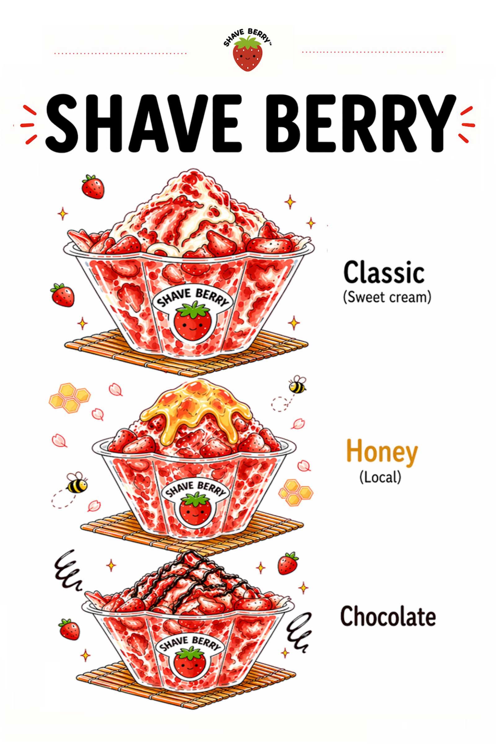Shave Berry menu featuring Classic sweet cream, local honey, and chocolate